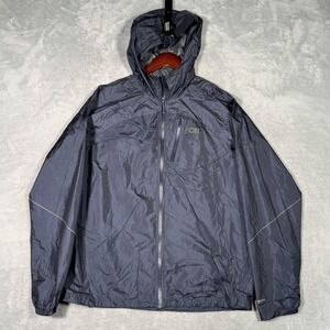 Outdoor Research Helium Rain Jacket Mens Large Blue Hooded Waterproof Shell
